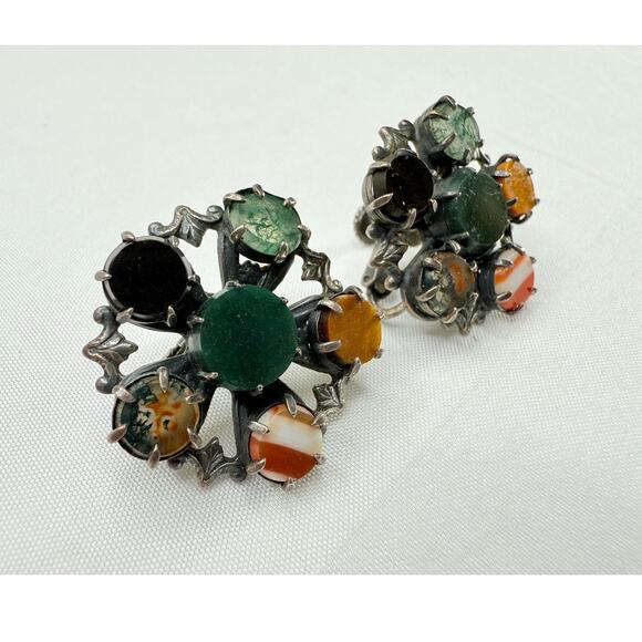 Antique Style Scottish Agate Pebble Jewelry Sterling Silver Earrings Victorian - Picture 3 of 10